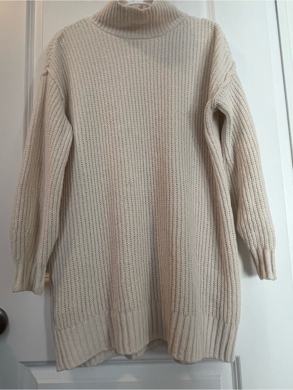 Super Soft Cream Ribbed Turtleneck Sweater Dress